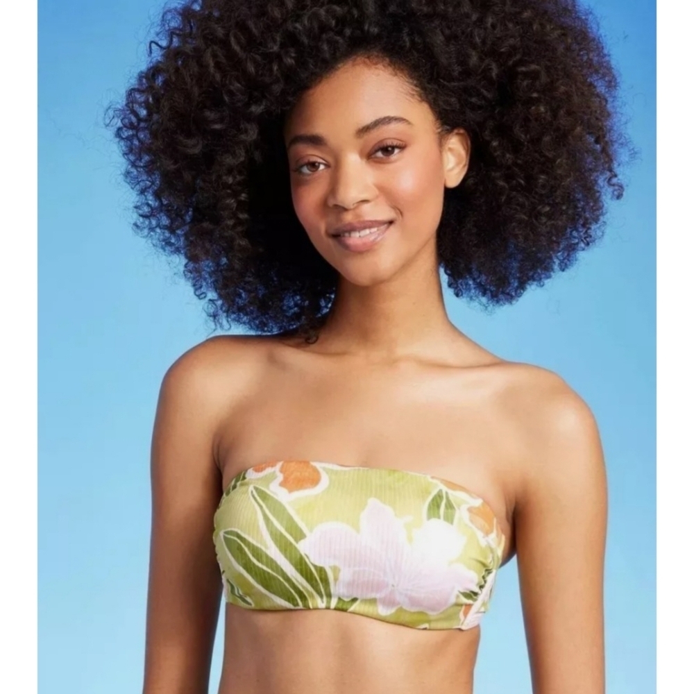 NEW Shade & Shore Ribbed Underwire Bandeau Tropical Floral Print Bikini Bottom